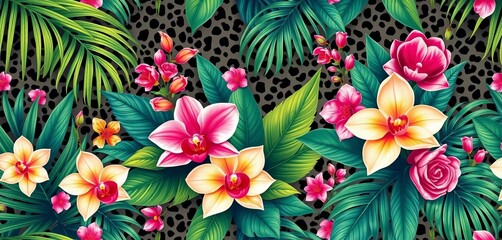 Seamless tropical floral pattern featuring palm leaves, orchids, roses, and a leopard print background, exotic, design