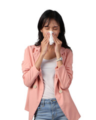 asian woman wearing formal casual sneeze with tissue paper on isolated background. Female blowing nose, coughing or sneezing in tissue, suffering from flu. Cold and fever concept