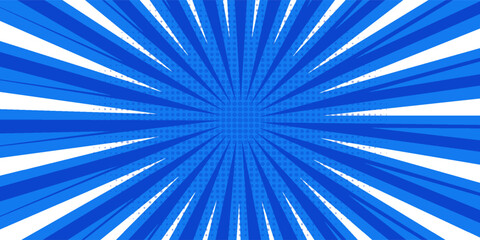 Blue comic sunburst effect background with halftone. Pop art comic-style vector background. Suitable for templates, sale banners, events, ads, web and pages