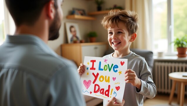 Happy Father's Day: Boy Gives Dad a Handmade Card with Love - Powered by Adobe