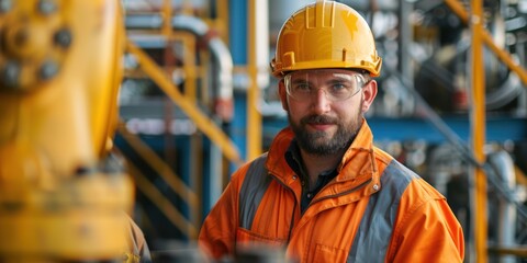 A man in an orange safety jacket and yellow hard hat standing in front of a machine in a factory setting.