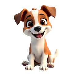 Cartoon dog with brown and white fur sitting and smiling with looking forward isolated on transparent background
