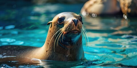 Fototapeta premium A seal swimming in a pool with a blurred background.