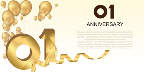 Elegant golden 1st anniversary design with balloons, large numbers, and ribbon—perfect for celebrating milestones or creating festive greeting banners.	