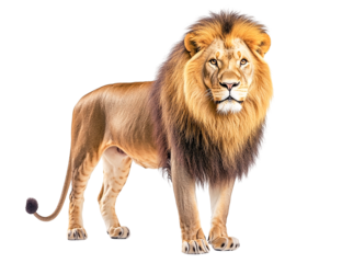 Majestic male lion full body portrait isolated on transparent PNG
