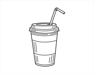 Coffee to go, depicted in a doodle style with a straw in a cup. This fast food drink has a clean Scandinavian design. It's all about minimalism and monochrome vibes.