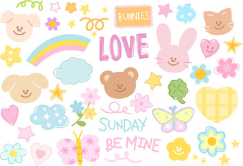 Pastel illustration of teddy bear, puppy, bunny, rainbow, butterfly, flowers, heart, star, cloud for cute animals, zoo, pet shop, vet, spring, summer, cartoon, character, kid, toddler, sticker, easter