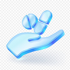 Drug treatment 3D glass blue icon of a hand holding pills and tablets. Medical and pharmaceutical concept on transparent background. Ideal for health and medicine design. Vector illustration.