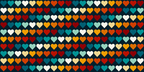 Rainbow Heart Mosaic, seamless vector pattern with colorful hearts in a retro vintage rainbow palette. Perfect for backgrounds, textiles, and festive banner designs, spreads love and joy
