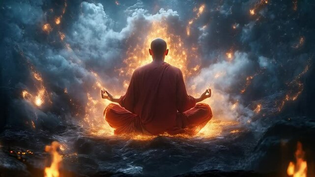 A monk in a red robe meditates lotus pose with enegy