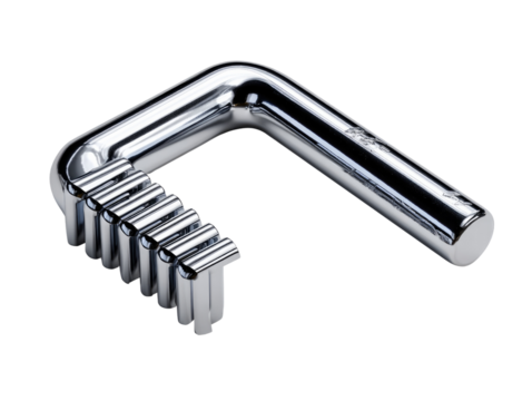 Chrome Plated Hand Tool: A highly detailed, studio shot of a chrome-plated hand tool, showcasing its industrial design and functional elegance.