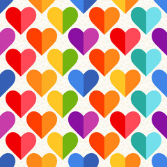 Rainbow Divided Half Heart Mosaic, seamless vector pattern with colorful hearts in a rainbow palette. Perfect for backgrounds, textiles, and festive banner designs, love diversity concept