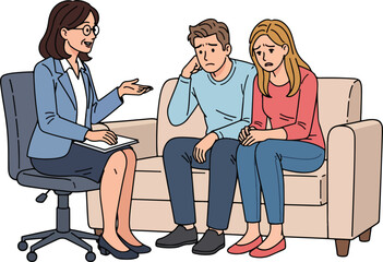 Fototapeta premium a Professional Female Therapist Offering Compassionate Guidance to a Distressed Couple Seated on a Couch During a Counseling Session.