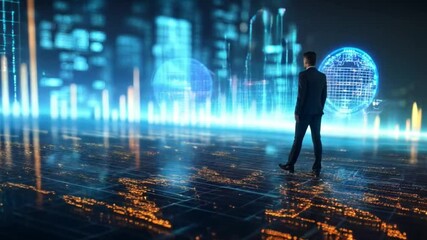 Businessman walking forward data chart technology - Powered by Adobe