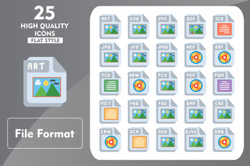 File Format Flat Icon Set. Incleded Icons ART, EXR, FPX, GIF, ICO, JPG, JP2, JPEG, NEF. Vector Icons Collection
