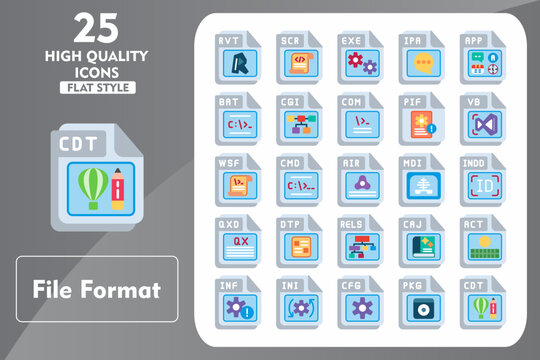 File Format Flat Icon Set. Incleded Icons RVT, SCR, EXE, IPA, APP, BAT, CGI, COM, PIF, VB. Vector Icons Collection