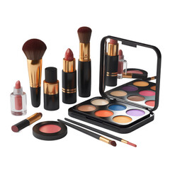 Makeup collection with brushes and palette isolated on transparent background