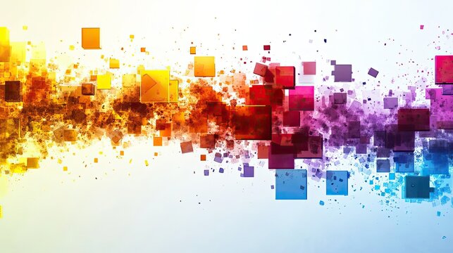 Colorful array of floating squares transitioning from yellow to blue on a white background
