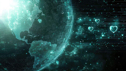 Glowing Earth with digital elements and floating hearts, representing love and connection across globe. vibrant colors create captivating and emotional atmosphere