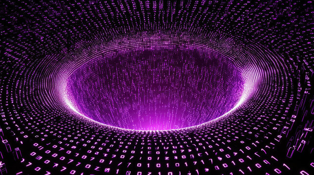 Mesmerizing abstract digital matrix grid forms vortex of binary code in vibrant purple hues, creating captivating visual experience