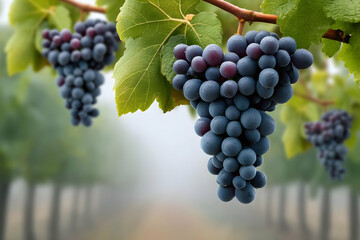 Naklejka premium Close-up of ripe grapes hanging on a vine with lush green leaves. Misty vineyard in the background offers a serene and tranquil atmosphere.