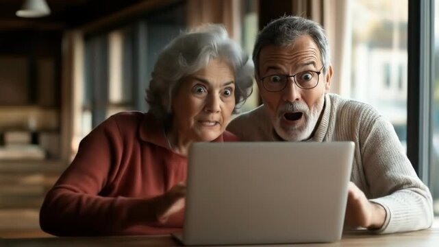 Shocked couple reacts to laptops screen