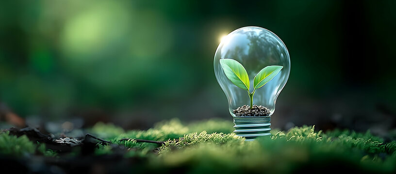 A light bulb with green sprouts symbolizes innovation and sustainability, showcasing a blend of nature and technology in harmony with the environment.