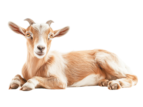 Young goat lying down light brown fur white patches isolated on transparent PNG