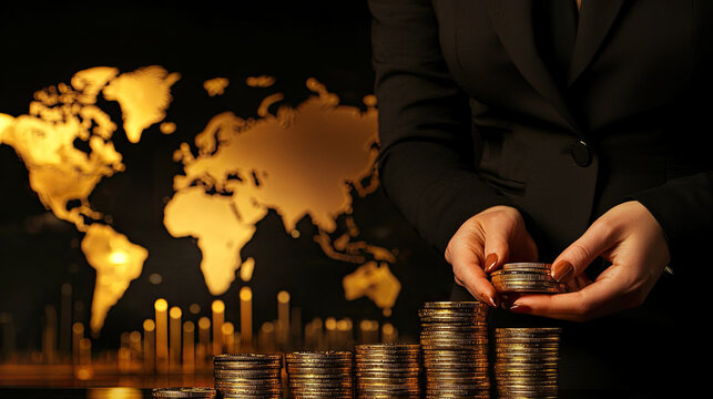 Businesswoman stacking gold coins with world map in background, symbolizing global finance and investment opportunities. scene conveys ambition and prosperity