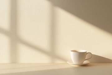 Minimalist beige background with ceramic coffee cup and natural window light shadows &ndash; perfect for gratitude journal pages, modern planner templates, and calm lifestyle branding designs