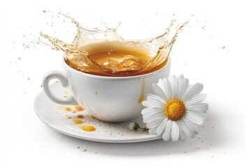 A white teacup on a saucer with a chamomile flower beside it, showcasing a dynamic splash of amber tea