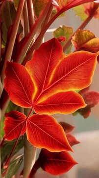 Close-up shot features vibrant red leaves with yellow veining, accented by slender stalks in a colorful botanical arrangement.