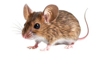 Closeup of a small brown mouse with pink paws and tail isolated on transparent PNG