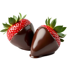 Two strawberries partially dipped in rich dark chocolate  close up view isolated on transparent background