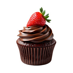A chocolate cupcake with chocolate frosting and a strawberry on top isolated on isolated on transparent background
