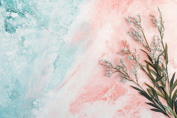 Floral arrangement on pastel marble background in blue and pink tones &ndash; soft artistic flat lay ideal for gratitude journals, greeting card templates, or minimalist stationery design

