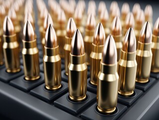 Rows of shiny gold bullets neatly arranged on a dark surface, creating a sense of order and potential danger.