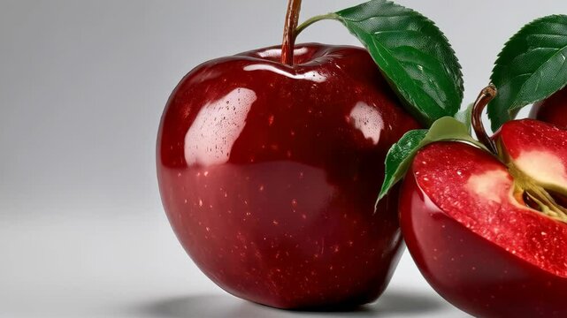 A close up shot of glossy red apples, one cut in half displaying the seeds, with bright green leaves, placed on a white surface.