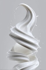 A swirling, spiraling vortex of creamy white liquid, suspended in mid-air against a neutral gray background, with small droplets spraying outward