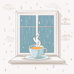 A steaming cup of tea near a rainy window in a calm cozy style