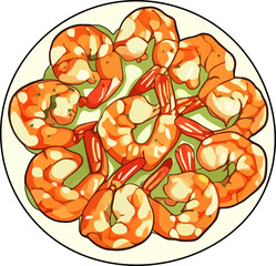 Set of fresh shrimp and seafood vector illustration with healthy food design elements