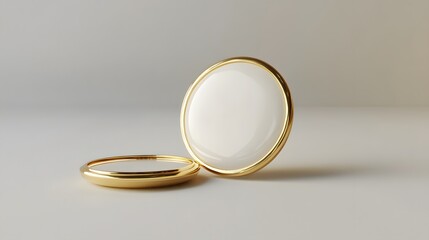 Two overlapping, circular, white platforms with gold rims on a light gray background.