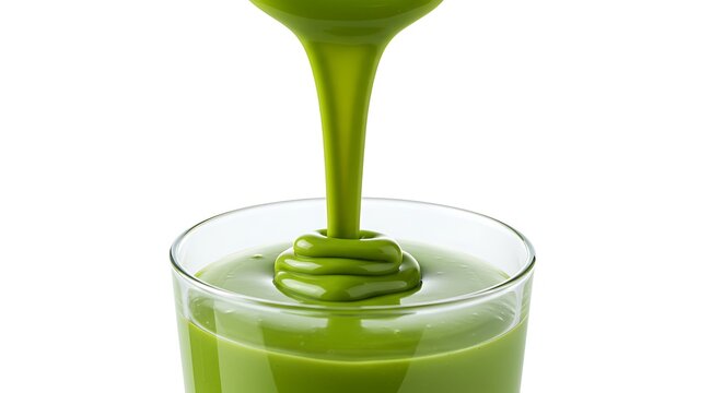 A creamie liquid vanilla macha green being poured into a glass from above, stream of thick custard mid air, isolated white background, warm and dynamic,