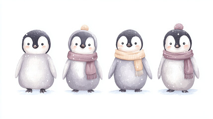 Fototapeta premium Four Cute Penguins in Winter Outfits