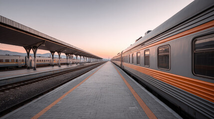 Naklejka premium Train station platform with empty tracks at sunset