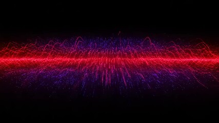 Abstract digital graphic design with red and purple particles forming wave patterns on a dark background. - Powered by Adobe
