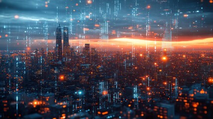 Obraz premium Cyberpunk Cityscape at Sunset: Digital Rain Over Metropolis