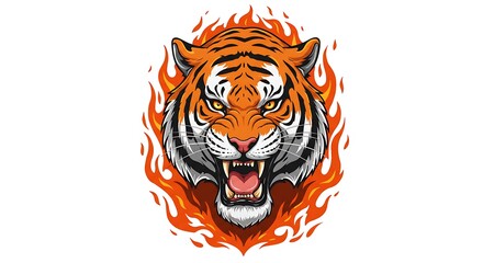 Obraz premium vector art line of angry tiger with fire effect and siluet effect suitable for mockup and logo product of team isolated white background