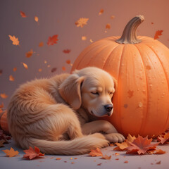 Adorable Puppy Sleeping Beside Autumn Pumpkin