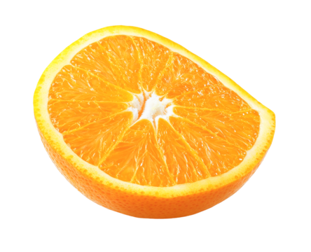 Juicy orange slice segment of citrus fruit isolated on transparent PNG